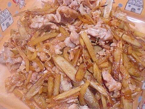 「常備菜に！　豚肉と牛蒡、大根の皮のきんぴら」　　